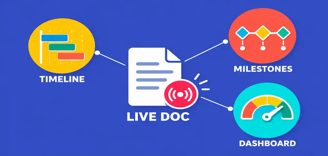 How To Build A Scope Of Work Document In Clickup: A Practical Guide 1 Illustration Of A Live Document Icon Connected To Timeline, Milestone, And Dashboard Icons
