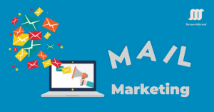 A promotional graphic for "Mail Marketing" featuring a blue background with a laptop on the left side. A hand holding a megaphone is shown emerging from the laptop screen, with colorful envelopes flying out, symbolizing email marketing. The text "MAIL" is displayed in large, scattered letters, with "Marketing" written below it.