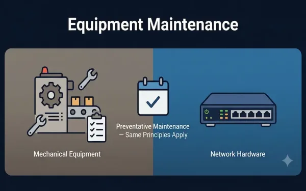 Split Illustration Showing An Industrial Machine With Inspection Tools On One Side And A Network Switch With Status Leds On The Other, Connected By A Preventative Maintenance Calendar Icon