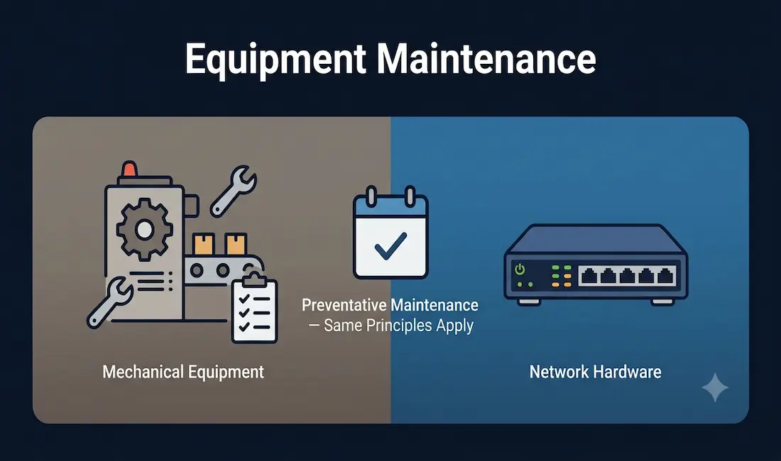 Wear And Tear Of Machines: How To Protect Your Equipment 1 Split Illustration Showing An Industrial Machine With Inspection Tools On One Side And A Network Switch With Status Leds On The Other, Connected By A Preventative Maintenance Calendar Icon