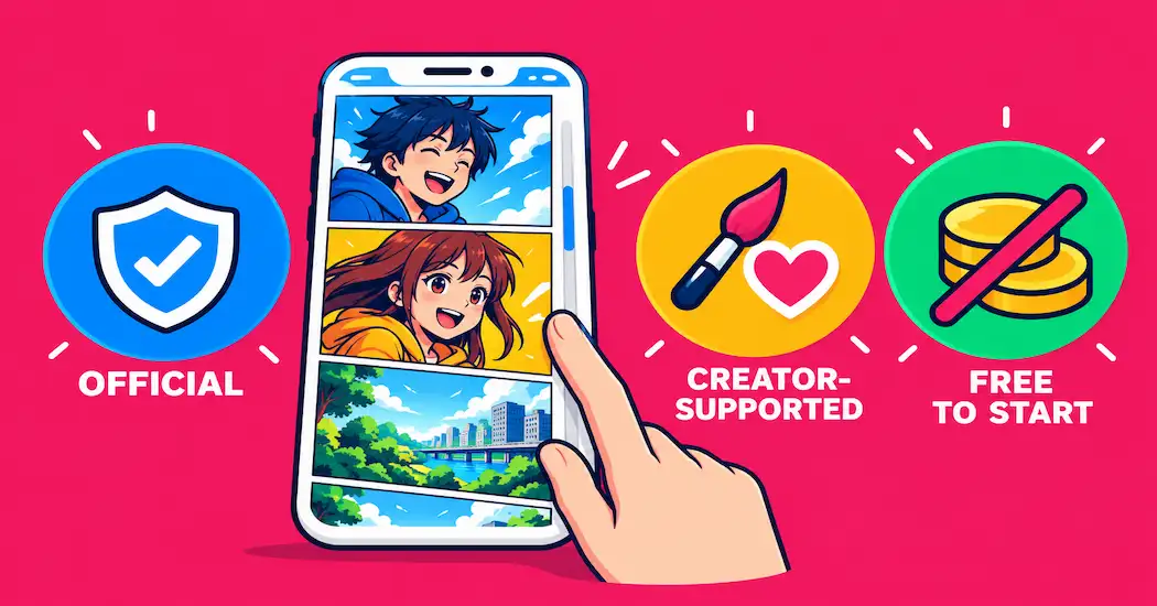 The Complete Guide To Korean Webtoons (Manhwa): History, Subgenres, And Where To Read Them Legally 1 Illustration Of A Smartphone Showing A Colorful Vertical-Scroll Webtoon, Labeled Official, Creator-Supported, And Free To Start