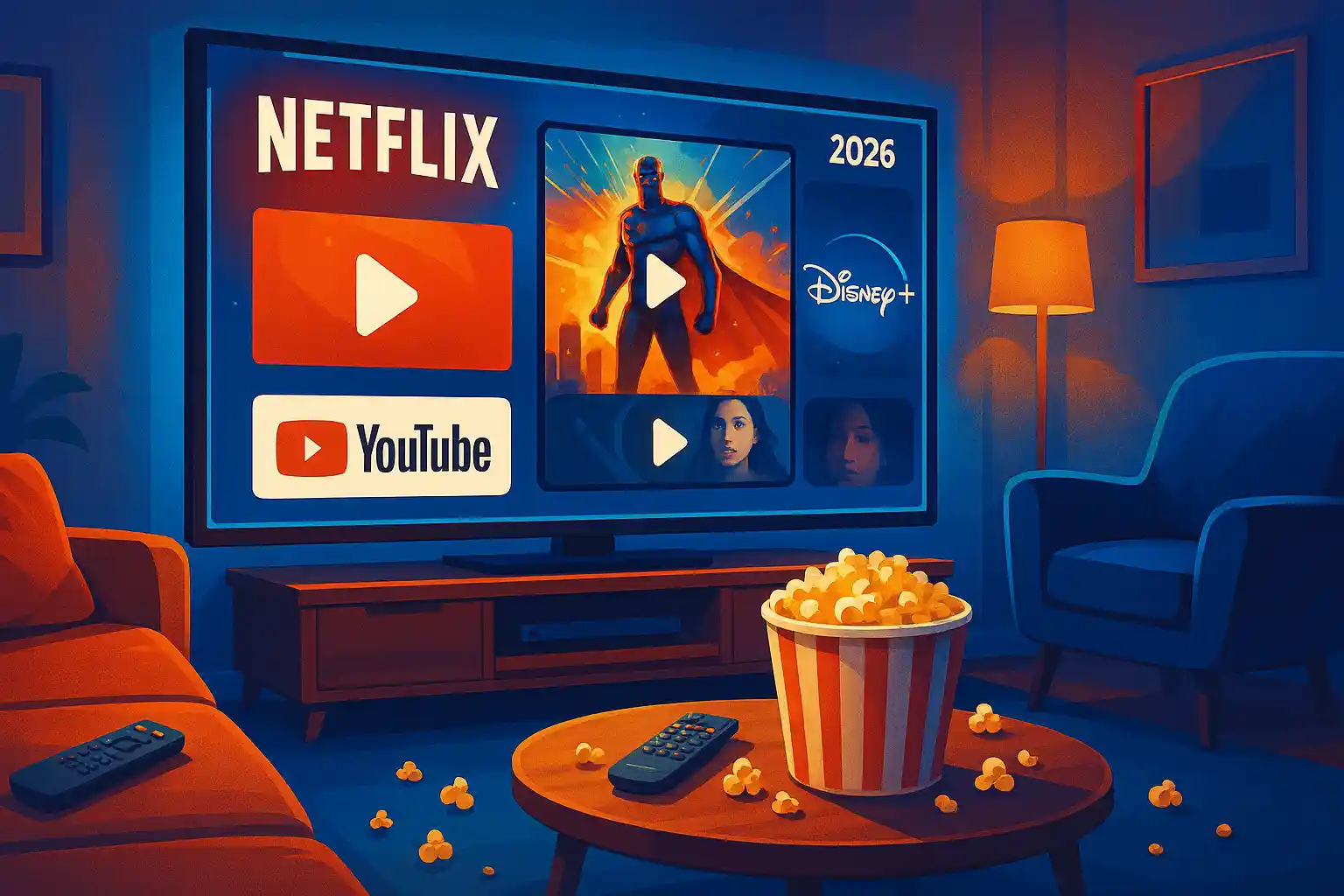 Vibrant streaming entertainment setup with multiple app screens in a cozy living room.