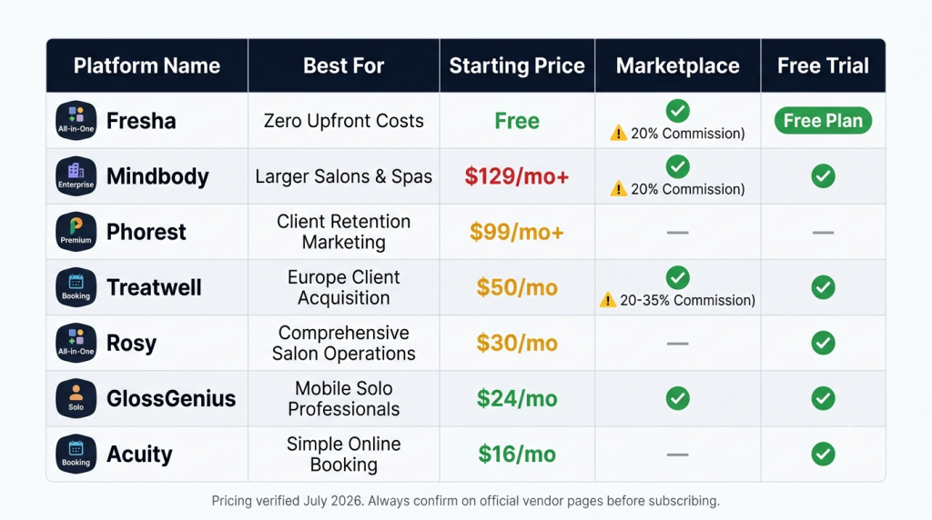 Salon Software In 2026: Best Platforms Compared By Price, Features, And Salon Size 2 Comparison Table Of Seven Salon Software Platforms In 2026 Showing Best Use Case, Starting Monthly Price, Marketplace Availability, And Free Trial Status For Vagaro, Fresha, Glossgenius, Boulevard, Mindbody, Phorest, And Square Appointments