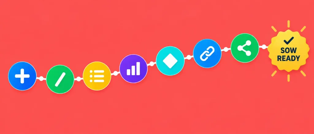 How To Build A Scope Of Work Document In Clickup: A Practical Guide 2 Illustration Of Seven Connected Step Icons Representing The Process Of Building A Scope Of Work Document In Clickup