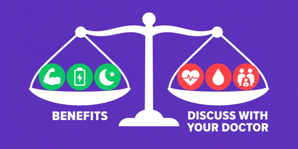 Testosterone Replacement Therapy (Trt) For Men: Benefits, Risks, And What To Know 2 Illustration Of A Balance Scale With Benefit Icons On One Side Labeled Benefits And Risk Icons On The Other Labeled Discuss With Your Doctor