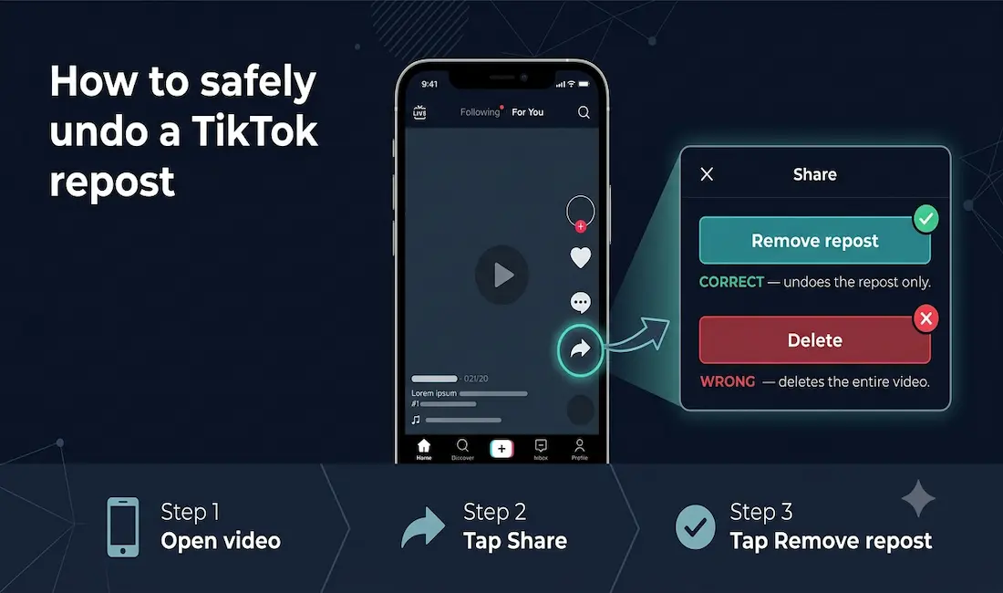 How To Undo A Repost On Tiktok (2026) 1 Smartphone Showing Tiktok Share Menu With Remove Repost Button Highlighted In Green As The Correct Method And Delete Button Marked In Red As The Wrong Method, With A Three-Step Process Strip Showing Open Video, Tap Share, Tap Remove Repost