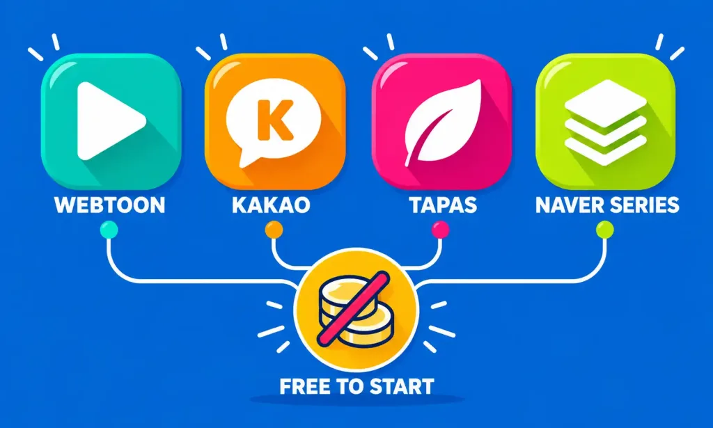 The Complete Guide To Korean Webtoons (Manhwa): History, Subgenres, And Where To Read Them Legally 2 Illustration Of Four Labeled Platform Icons Reading Webtoon, Kakao, Tapas, And Naver Series, Connected To A Free-To-Start Badge