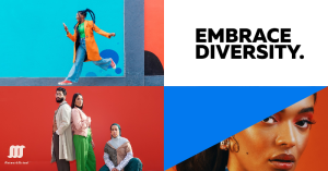 A collage with four sections including a person in a bright orange coat, the text "EMBRACE DIVERSITY", three people against a red background, and a blurred image with blue and orange colors. #Women Casual