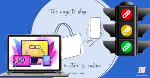 A laptop displaying a shopping interface, a shopping bag, and a hand holding a smartphone, with a traffic light featuring chain link icons. #building high-quality links