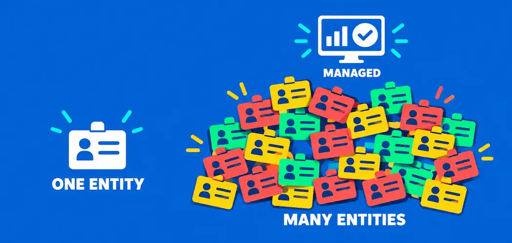 Lei Management Solutions: What They Do And How To Choose One 1 Illustration Contrasting One Calm Identification Card Labeled One Entity With A Scattered Cluster Of Many Cards Labeled Many Entities, Resolved By A Dashboard Icon Labeled Managed