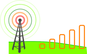 Illustration of a cell signal tower emitting concentric circles with ascending signal strength bars on a green background.