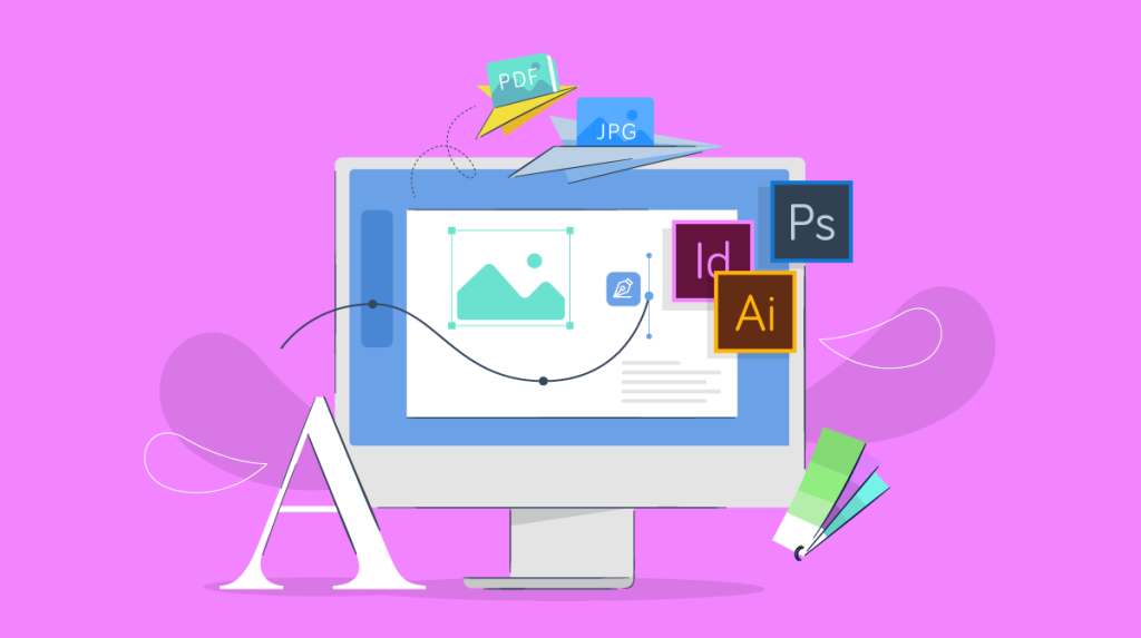 An illustration of a desktop computer monitor with a variety of file icons floating above it representing different file types such as PDF JPG Ps Photoshop Id InDesign and Ai Illustrator The screen displays an image with a mountain and sun icon There are also two pencils leaning against the stand of the monitor one green and one blue The background is a solid pastel purple color This image is relevant as it represents graphic design work and the various software and file types associated with digital art and design projects