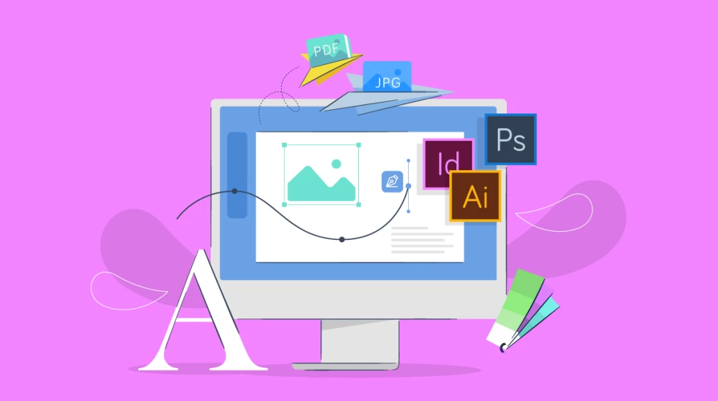 An illustration of a desktop computer monitor with a variety of file icons floating above it, representing different file types such as PDF, JPG, Ps (Photoshop), Id (InDesign), and Ai (Illustrator). The screen displays an image with a mountain and sun icon. There are also two pencils leaning against the stand of the monitor, one green and one blue. The background is a solid pastel purple color. This image is relevant as it represents graphic design work and the various software and file types associated with digital art and design projects.