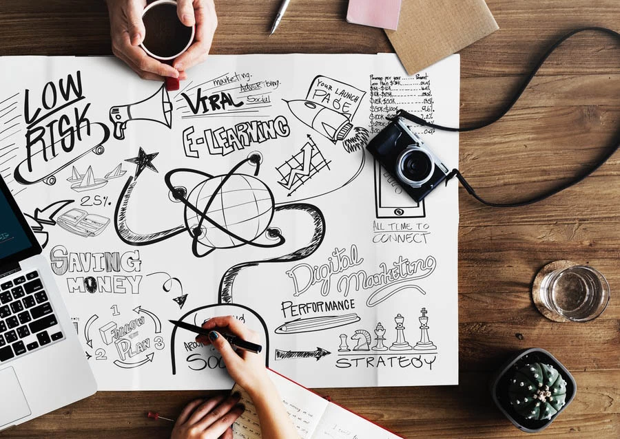 A top-down view of a wooden desk with various items, including a laptop, camera, two cups of coffee, and a notepad. The notepad is filled with hand-drawn illustrations and annotations related to business and strategy concepts such as ‘Low Risk,’ ‘E-Learning,’ ‘Saving Money,’ and ‘Strategy.’ There are also drawings of a light bulb, chess pieces, and arrows connecting different ideas. Two hands are visible; one holding a smartphone and the other writing on the notepad with a black marker. The image conveys a creative brainstorming session or strategic planning process.” This image captures a dynamic workspace during what appears to be a brainstorming session. The combination of technology (laptop and smartphone) with traditional methods (hand-drawn notes) illustrates the process of idea generation and strategic planning. ???