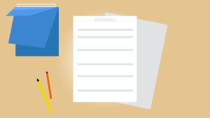 Illustration of payroll documents on a desk with a blue folder and pencils, representing payroll outsourcing myths and benefits.