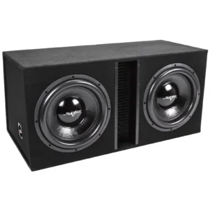 Dual Skar Audio subwoofers in a black enclosure with a central vent. #Skar Audio