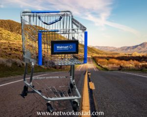 A Walmart shopping cart placed in the middle of an empty road with scenic hills in the background.