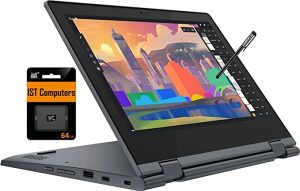 Lenovo IdeaPad Flex 3 11.6" HD 2-in-1 Touchscreen Chromebook with a stylus and a 64GB IST Computers memory card.