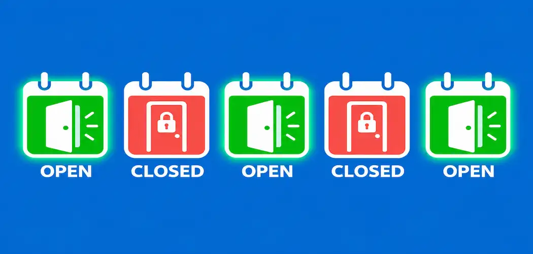 Illustration Of Five Calendar Squares Representing Saturdays In A Month, Three Marked Open In Green And Two Marked Closed In Red