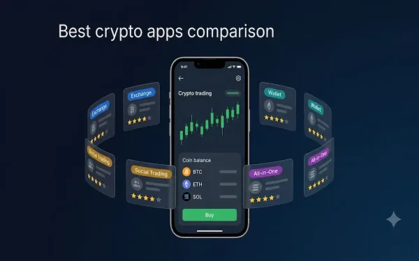 Smartphone Displaying A Crypto Trading Dashboard With Candlestick Chart And Coin Balance Panel, Surrounded By Floating App Category Cards Representing Exchanges, Wallets, And Social Trading Platforms