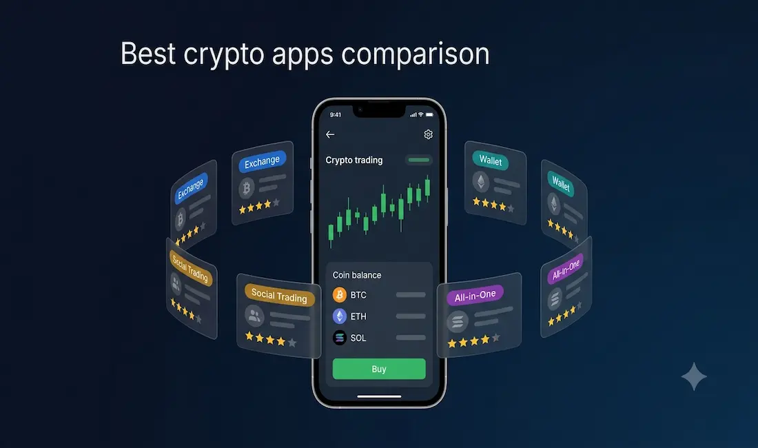 Best Crypto Apps For Trading And Investing In 2026 1 Smartphone Displaying A Crypto Trading Dashboard With Candlestick Chart And Coin Balance Panel, Surrounded By Floating App Category Cards Representing Exchanges, Wallets, And Social Trading Platforms