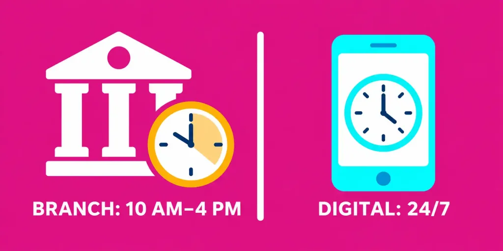 Bank Of Baroda Timings: Branch Hours, Saturday Rules, And Digital Banking Availability 2 Illustration Contrasting A Bank Building With Limited Hours Labeled 10 Am To 4 Pm Against A Smartphone Labeled 24/7 Digital Banking