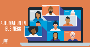 A virtual meeting on a laptop screen with multiple participants, depicted as diverse individuals in different colored boxes, against an orange background. The text "AUTOMATION IN BUSINESS" is prominently displayed on the left side.