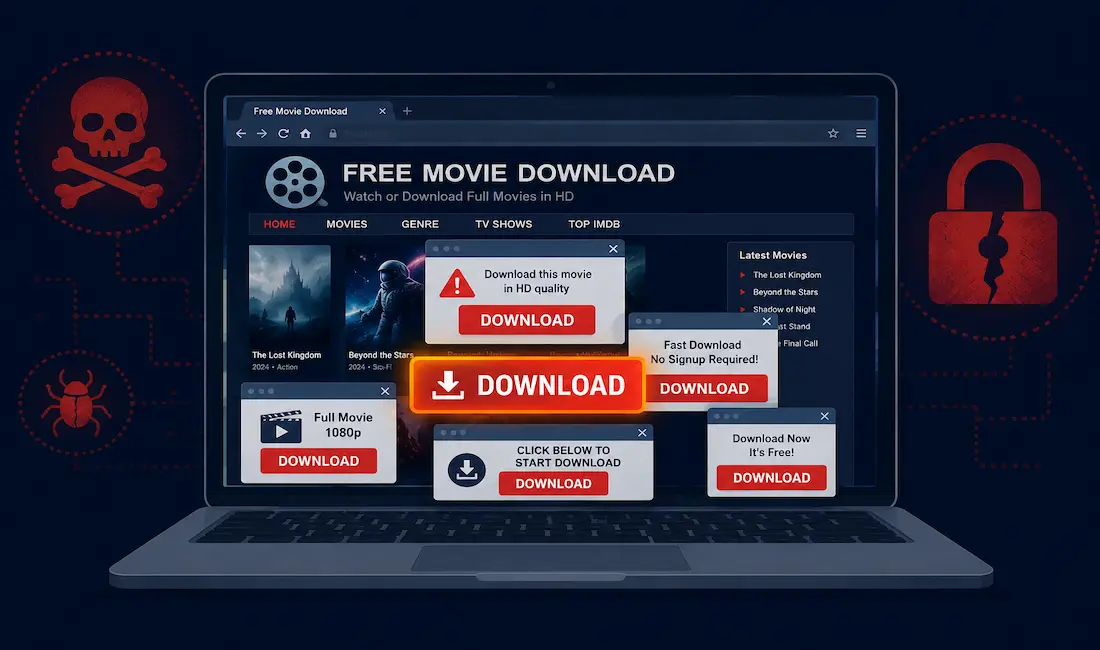 Downloadhub4U And Sites Like It: The Real Cybersecurity Risks Behind &Quot;Free Movie Download&Quot; Platforms 1 Illustration Of A Deceptive Free Movie Download Website With Multiple Fake Download Buttons