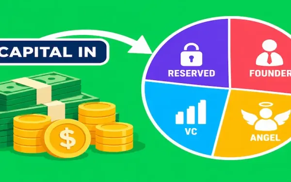Illustration Of A Pie Chart Divided Into Labeled Segments For Founder, Angel, Vc, And Reserved, With An Arrow Showing Capital Flowing In