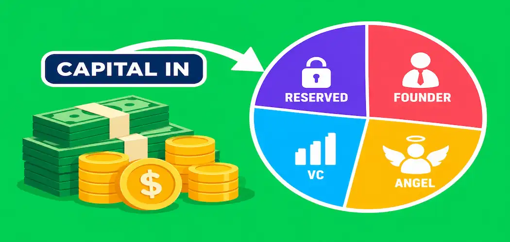 How To Attract Investors And Fund Your Startup: A Practical Guide 1 Illustration Of A Pie Chart Divided Into Labeled Segments For Founder, Angel, Vc, And Reserved, With An Arrow Showing Capital Flowing In