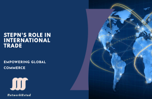 Graphic illustration showing interconnected global network representing STEPN’s influence on international trade, with stylized Earth map