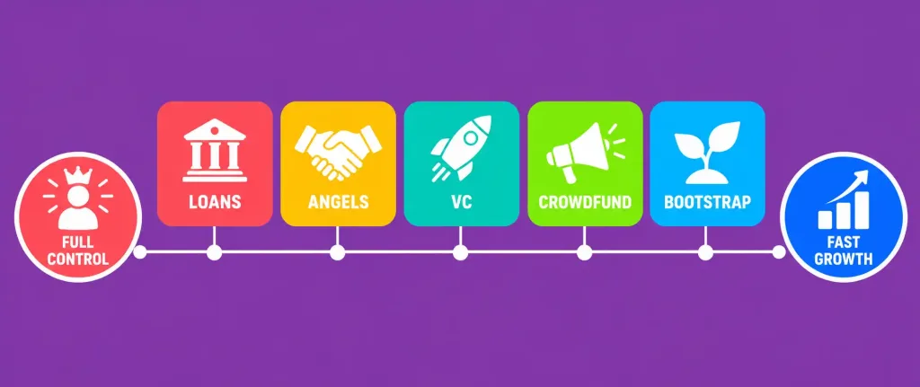 How To Attract Investors And Fund Your Startup: A Practical Guide 2 Illustration Of Five Labeled Funding Paths — Loans, Angels, Vc, Crowdfund, Bootstrap — Arranged On A Spectrum From Full Control To Fast Growth