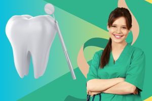 A graphic representation of dental care showing an anonymous person in green scrubs beside an oversized tooth and dental mirror.