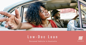 Two individuals in a car, with one person extending an arm out of the window. The car appears to be an older model. The image is overlaid with a red banner at the bottom containing text: "Low-Doc Loan Personal Vehicle in Australia." #Low-Doc Loan