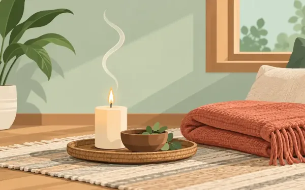 Warm Illustration Of A Tidy Room Corner With A Candle, Folded Blanket, And Bowl, Representing Calming Ritual Practices