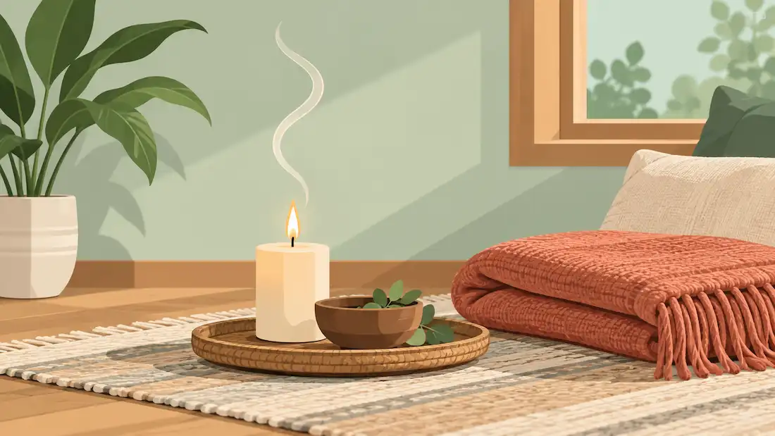 Energy Clearing And Space Cleansing: Ritual Practices For A Calmer Mind And Home 1 Warm Illustration Of A Tidy Room Corner With A Candle, Folded Blanket, And Bowl, Representing Calming Ritual Practices