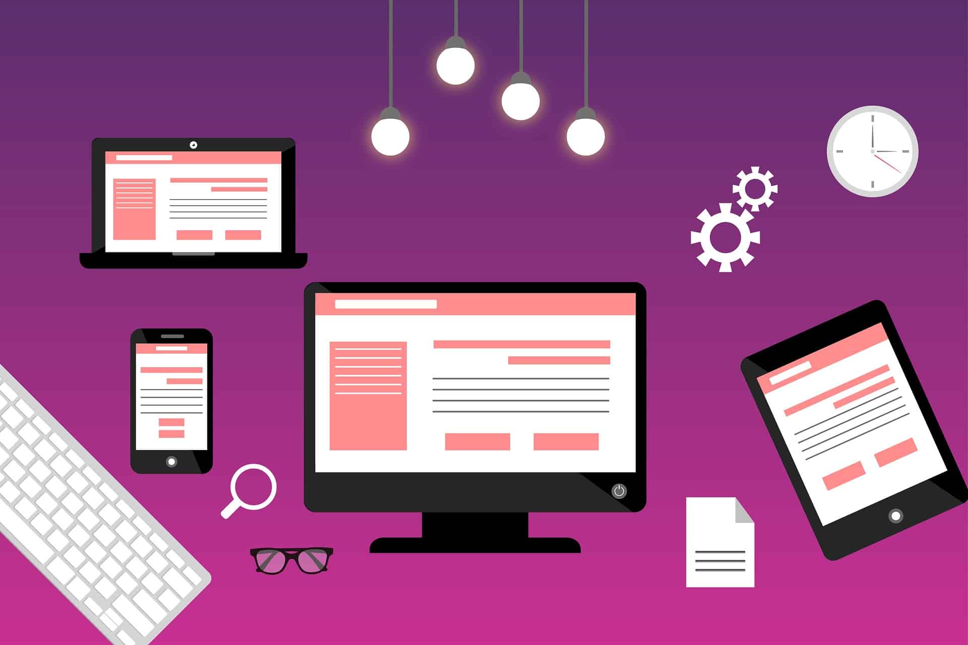 A digital designer working on a laptop, with icons representing various fintech UX design elements like clean branding, mobile-first banking, and gamification.