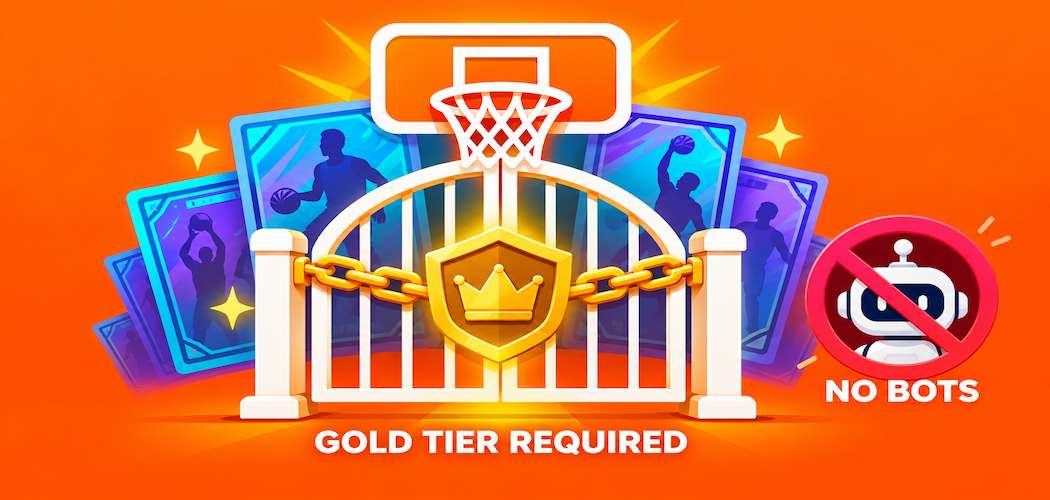 Illustration Of A Locked Gate Labeled Gold Tier Required, With Trading Cards Visible Beyond It And A Crossed-Out Bot Icon Labeled No Bots