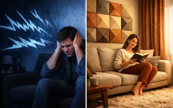 Split Image Comparing A Noisy, Frustrating Apartment Experience With A Peaceful, Soundproofed Living Space Featuring Acoustic Panels And Heavy Curtains.