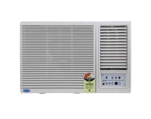 Carrier 1.5-ton window air conditioner with control panel and energy efficiency rating sticker.