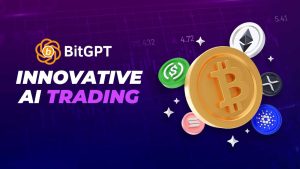 Graphic featuring the BitGPT logo with the tagline ‘INNOVATIVE AI TRADING’ alongside various cryptocurrency coins such as Bitcoin, Ethereum, and others against a purple background.