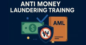 Anti-money laundering (AML) training illustration with dollar bill, shield blocking illicit funds, checkmark, and AML book on dark blue background