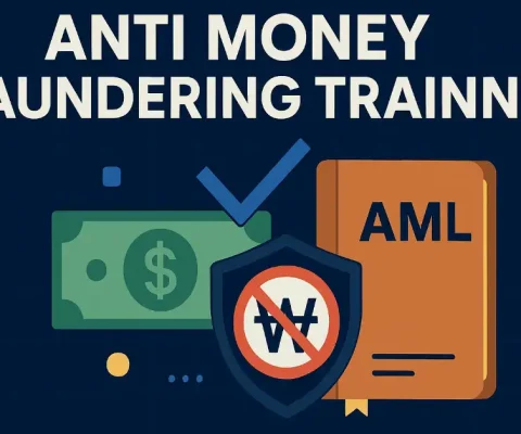 Anti-Money Laundering (Aml) Training Illustration With Dollar Bill, Shield Blocking Illicit Funds, Checkmark, And Aml Book On Dark Blue Background