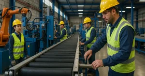Conveyor belt manufacturing line in Mexican factory with workers and machinery 2025