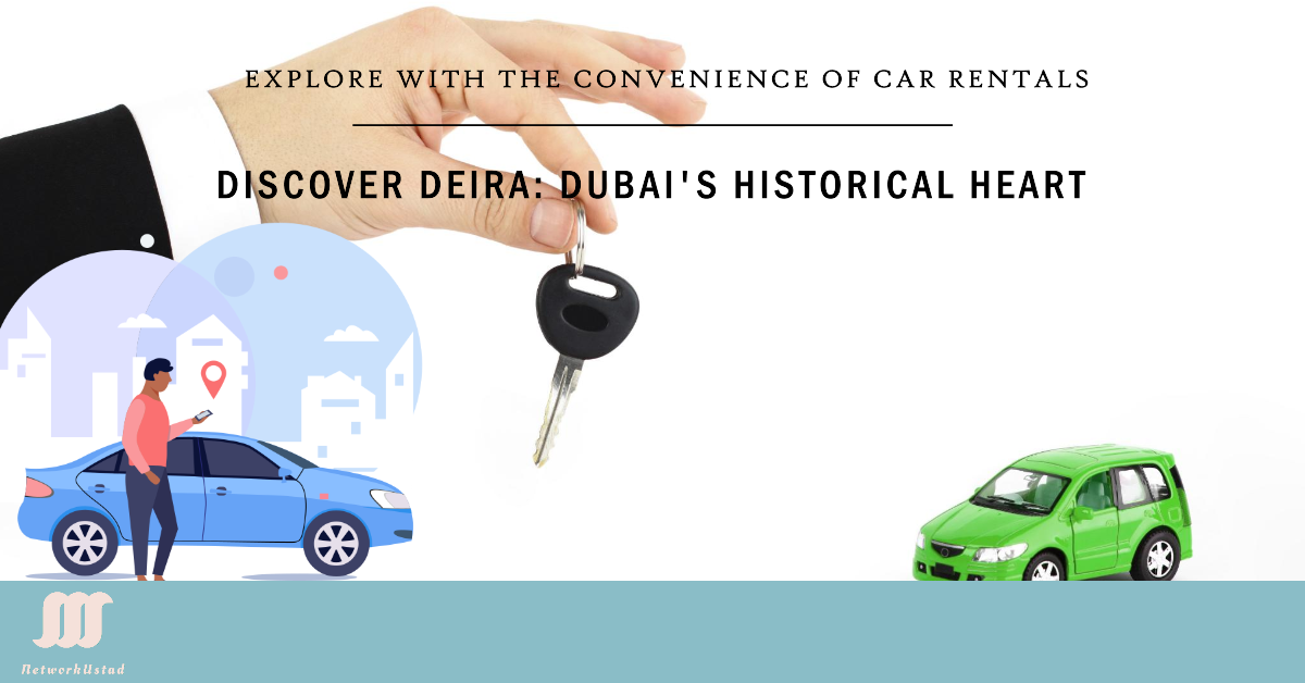 A hand holding a car key with illustrations of a blue car and a green car, promoting car rentals for exploring Deira, Dubai’s historical heart.