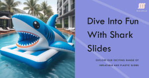 A colorful image of children playing on inflatable and plastic shark slides at a park.