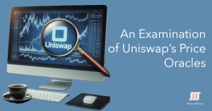 A computer monitor displaying a financial chart with a magnifying glass highlighting the Uniswap logo, against a blue background.