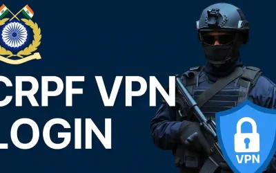 Digital lock with CRPF badge on a global network map, symbolizing secure VPN access for Central Reserve Police Force personnel across encrypted data streams,