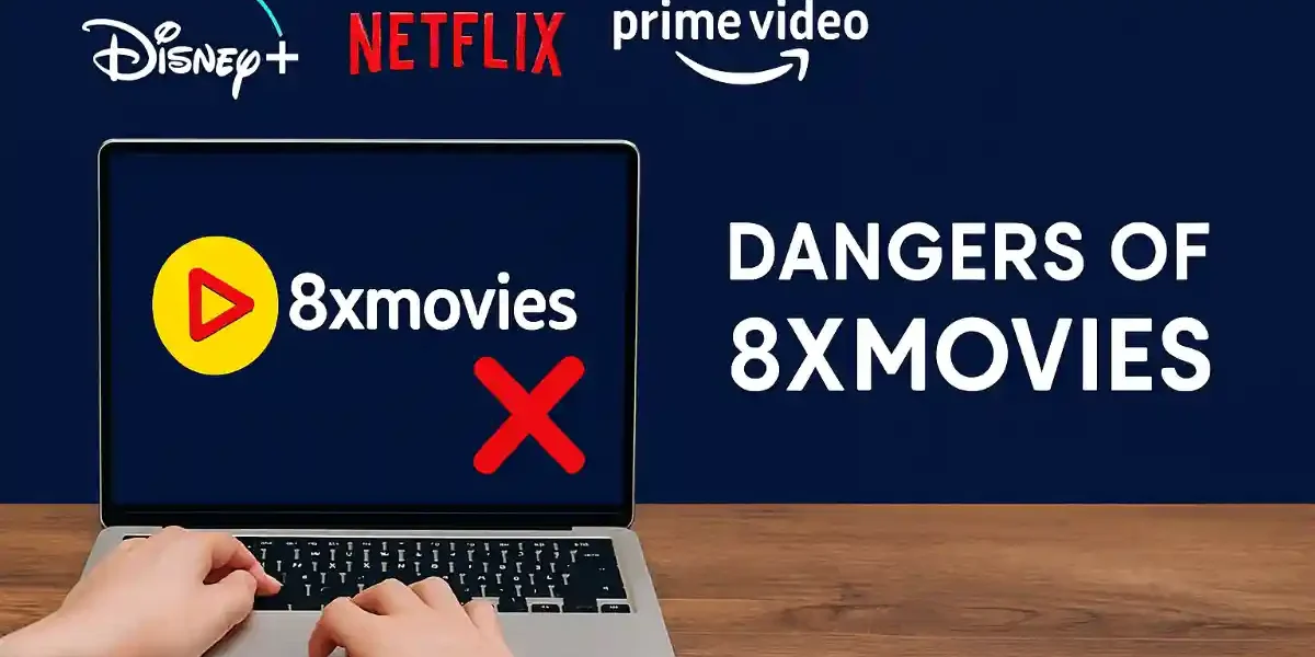 Warning banner showing dangers of 8xmovies piracy site with red X and legal streaming logos like Disney+, Netflix, Prime Video