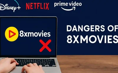 Warning banner showing dangers of 8xmovies piracy site with red X and legal streaming logos like Disney+, Netflix, Prime Video